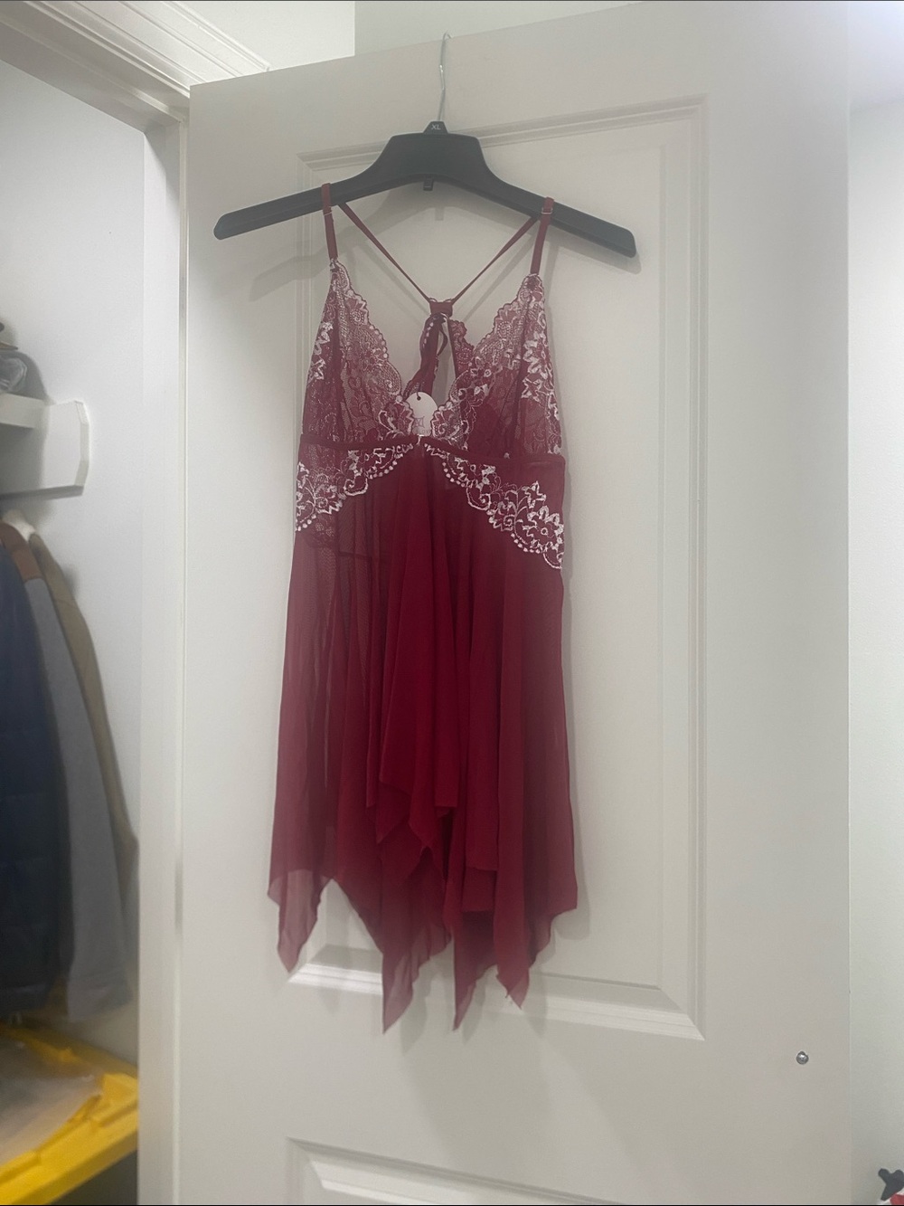 Lace-Trim Burgundy Chiffon Babydoll Chemise